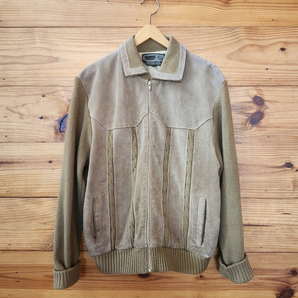 Alvin Josef Vintage Men's Tan Suede Leather Bomber Sweater Jacket 70s 80s Large
